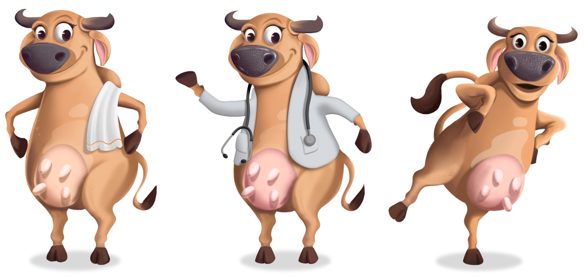 Character logo of cow named Surabhi in different forms like a doctor, dancing, etc.
