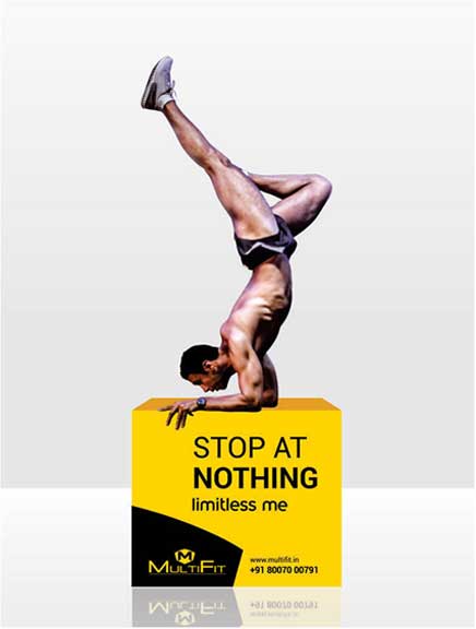 MultiFit Standee design with a man doing yoga pose